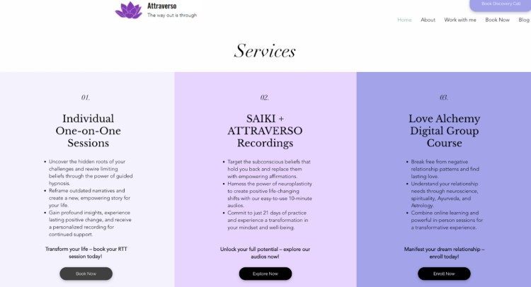 Screenshot of the Attraverso coaching services page displaying various online coaching offers including one-on-one sessions, audio affirmations, and a digital group course for relationships.