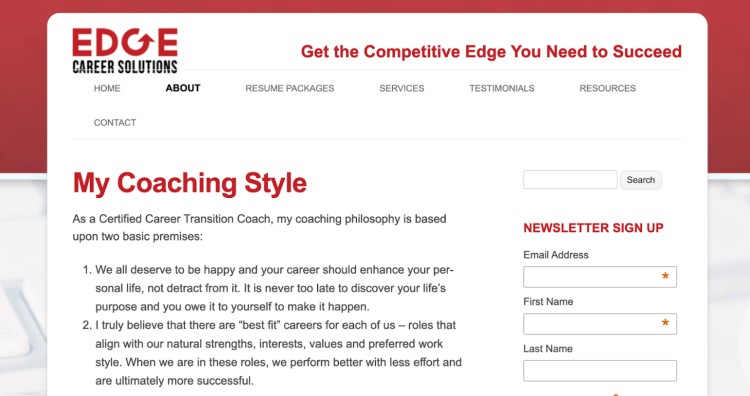 A certified career transition coach at Edge Career Solutions shares their coaching philosophy and coaching style, emphasizing career alignment with personal life and strengths.