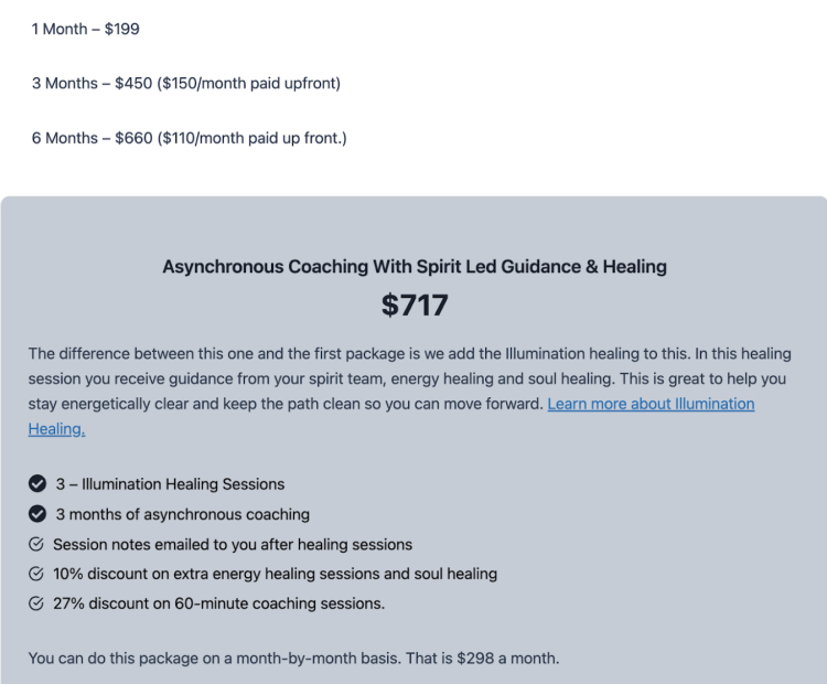 Pricing options for asynchronous coaching sessions with spirit-led guidance and healing, including illumination healing sessions, coaching discounts, and session notes.