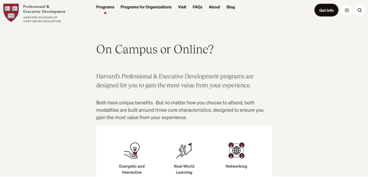 Harvard's Professional & Executive Development program webpage showcasing options for both in-person learning and online courses.