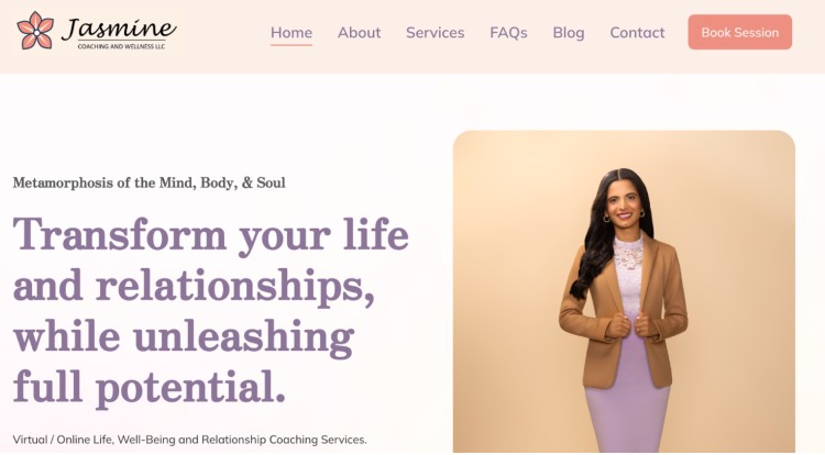 Jasmine Coaching and Wellness website showing a female coach offering virtual life and relationship coaching services, emphasizing how coaching provides transformation and personal growth.