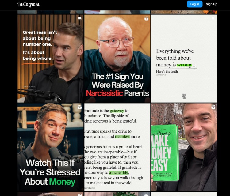 Lewis Howes' Instagram profile showcases content related to online coaching, personal development, mindset shifts, and financial education, featuring insights from experts.