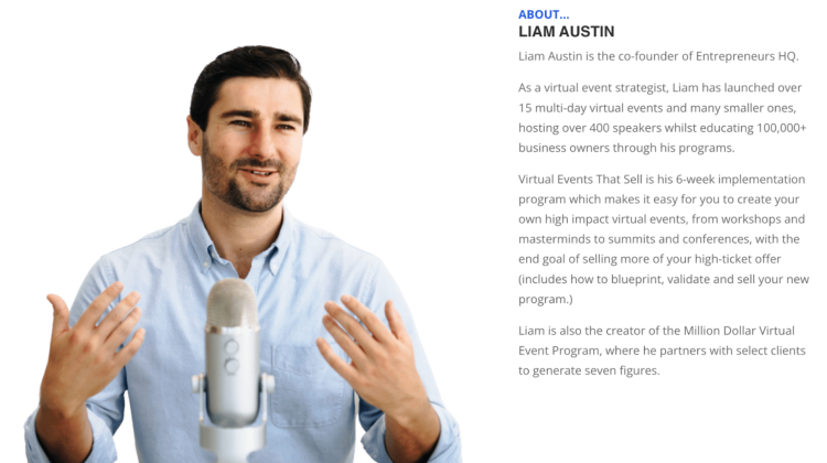 Liam Austin, co-founder of Entrepreneurs HQ, speaking into a microphone, highlighting his expertise as a business coach and virtual event strategist.