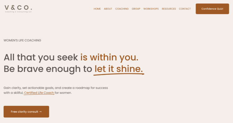 Image of a women's life coaching website by V&CO, featuring a motivational message encouraging self-belief and growth, with a call-to-action for a free clarity consult.