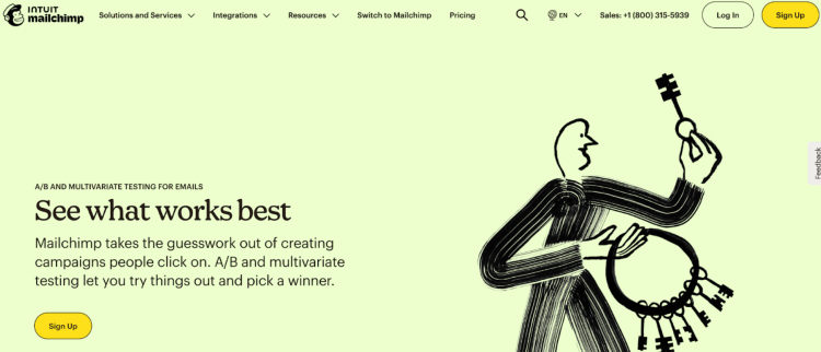 Mailchimp webpage highlighting A/B and multivariate testing for emails to optimize marketing campaign performance.
