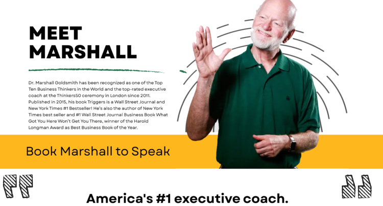 Image featuring Marshall Goldsmith, recognized as America's #1 executive coach, with a professional introduction and a call to book him for speaking engagements.
