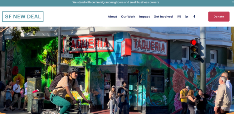 A vibrant street scene in San Francisco featuring a colorful taqueria with a cyclist passing by and people walking, highlighting the local small business community.