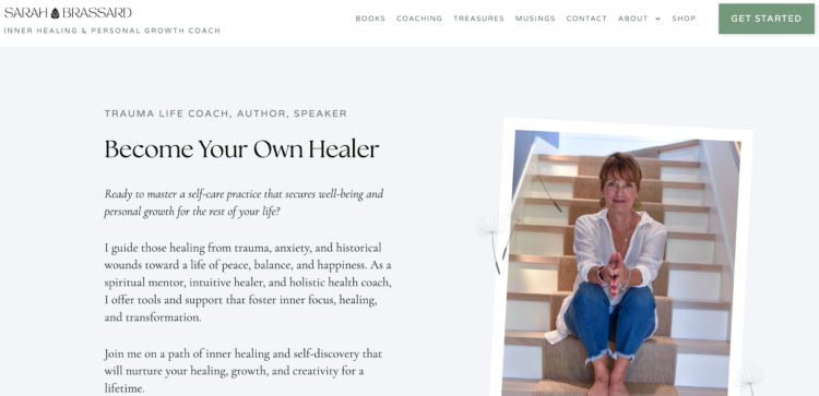 Image of Sarah Brassard's website showcasing her as a spiritual coach specializing in inner healing and personal growth, featuring a message about mastering self-care and healing.