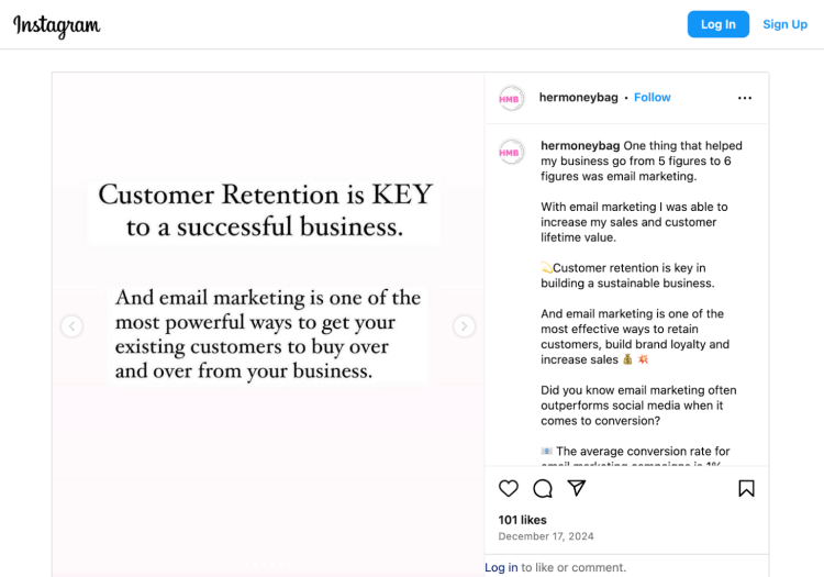 Instagram post highlighting how email marketing is key to customer retention and business success.