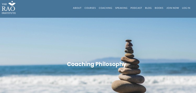 A balanced stack of stones by the ocean under the title “Coaching Philosophy” on The Rao Institute’s website, showing how they instill values through their coaching approach.