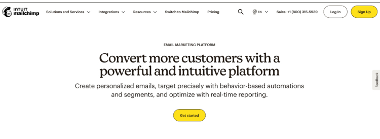 Screenshot of Mailchimp’s homepage promoting its email marketing platform for customer conversion and automation