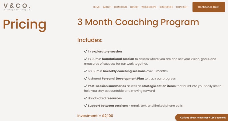 V&CO Coaching & Consulting offers a 3-month coaching program, including exploratory and foundational sessions, biweekly coaching, a personal development plan, post-session summaries, and ongoing support.