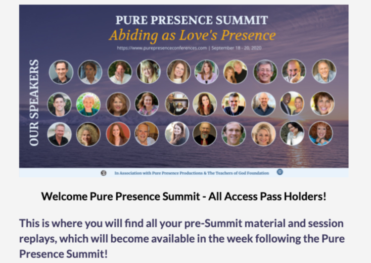 Screenshot of the Pure Presence Summit webinar landing page featuring speaker headshots and event details.