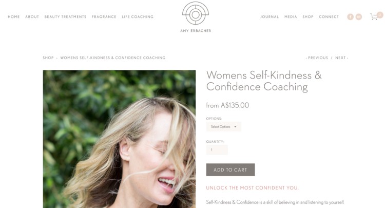 Amy Erbacher’s coaching service page showcasing her Women's Self-Kindness & Confidence Coaching offer with pricing, session options, and an add-to-cart button.