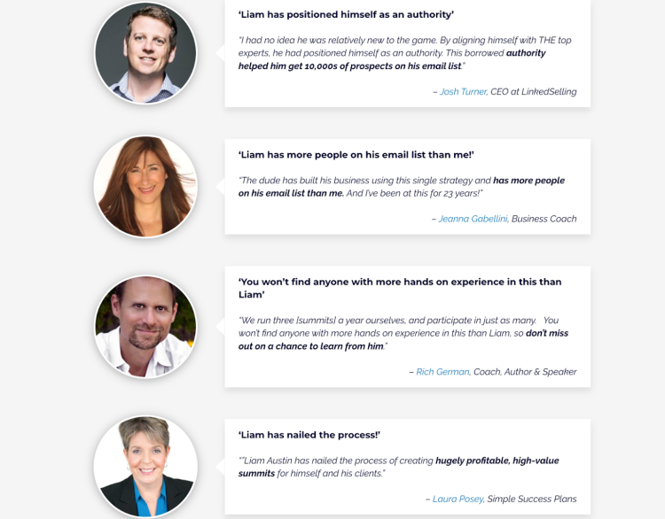 A collection of testimonials praising Liam Austin's expertise in life coaching, featuring quotes from satisfied clients and their professional headshots.