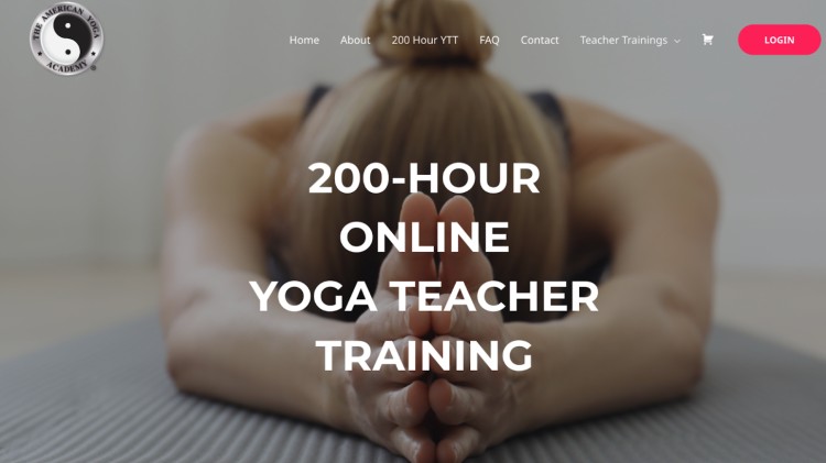 A woman in a forward fold pose on a yoga mat promoting a 200-hour online yoga teacher training by the American Yoga Academy.