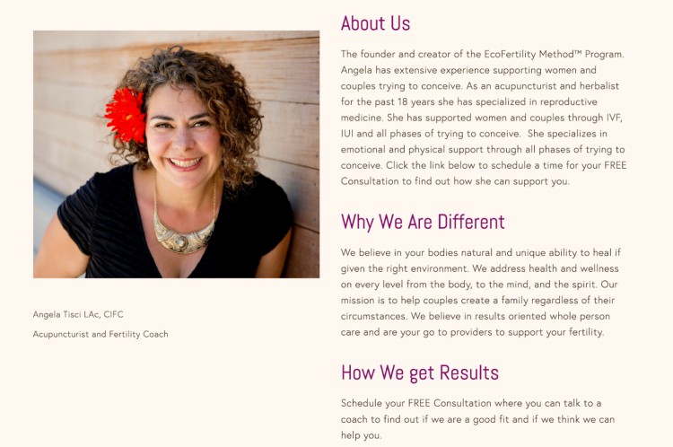 Angela Tisci, an experienced fertility coach and creator of the EcoFertility Method, offering personalized coaching as someone who knows the fertility journey firsthand.