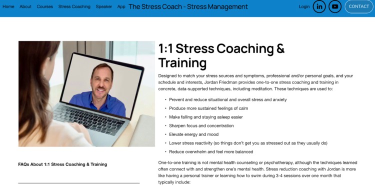 Screenshot of a 1:1 stress coaching and training service webpage, featuring a coach on a video call and a list of stress-reduction techniques designed to help clients build and scale better mental health practices.