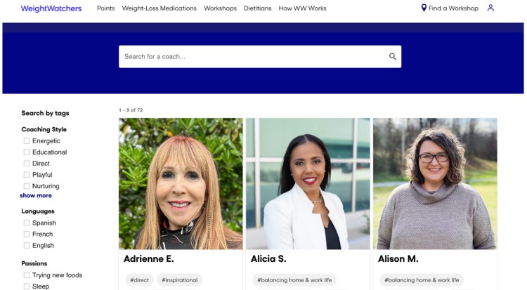 Screenshot of the WeightWatchers coach directory showing certified weight loss coaches Adrienne E., Alicia S., and Alison M., with filters for coaching style, languages, and passions.