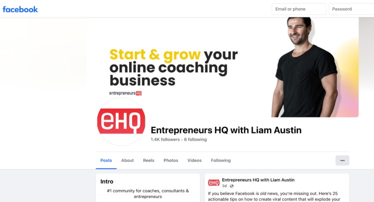 Entrepreneurs HQ Facebook group with Liam Austin, designed to help coaches and consultants grow their coaching business online.
