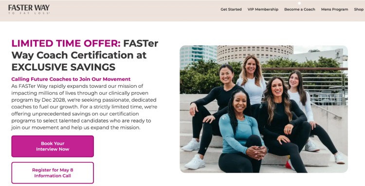 Group photo of women promoting the FASTer Way to Fat Loss coach certification with a limited-time offer and call to action for aspiring coaches to join the movement.