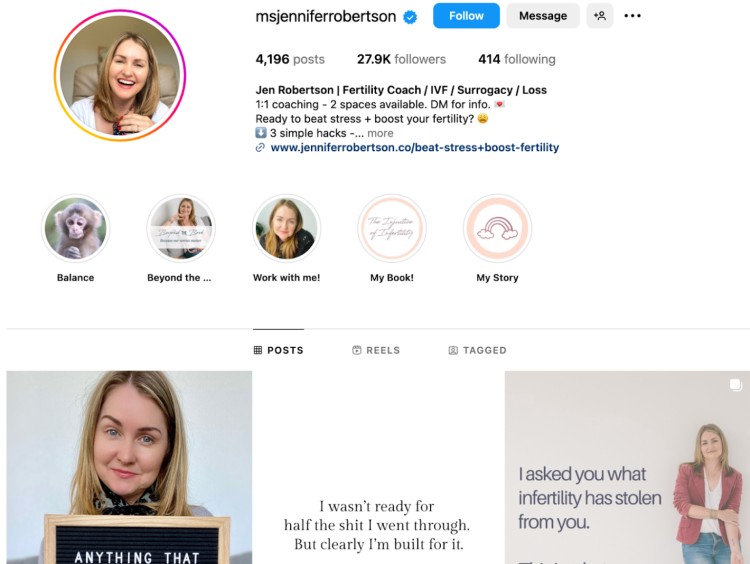 Instagram profile of fertility coach Jennifer Robertson showing how a coach can provide emotional support, fertility tips, and personal guidance for IVF, surrogacy, and loss.