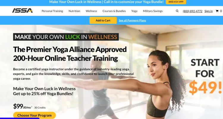 Woman practicing yoga indoors in a training session promoted by ISSA’s 200-hour online teacher training program certified by the Yoga Alliance.