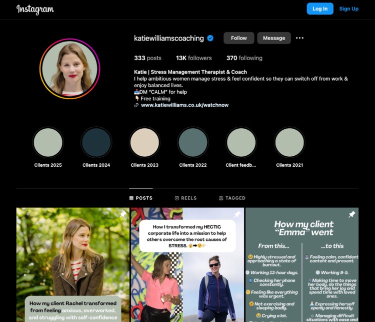 Instagram profile of Katie Williams, a stress management therapist and coach, who uses social proof and personal transformation stories to show how she helps clients reduce stress and regain control of their lives.