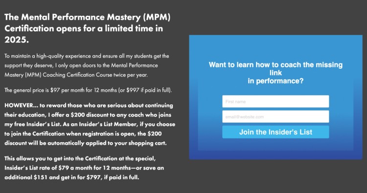 Screenshot of the Mental Performance Mastery (MPM) certification program offer for 2025, showing pricing details and an Insider’s List sign-up form for discounts.
