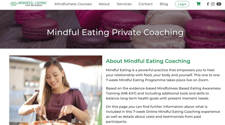 Screenshot of a website offering mindful eating private coaching, showing a woman enjoying food and details about a 7-week Zoom-based coaching program.