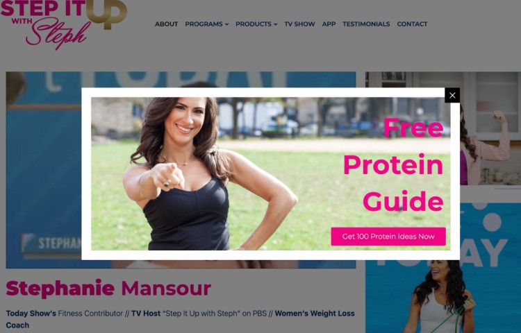 Stephanie Mansour promotes a free protein guide as a lead magnet to help users start taking steps toward healthier eating through her “Step It Up with Steph” weight loss coaching program.