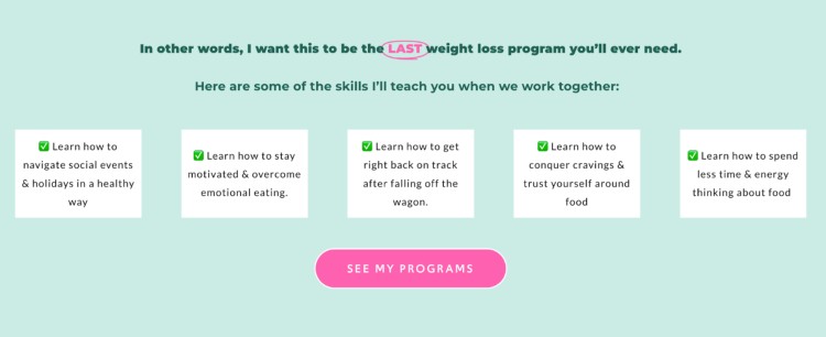 A visual breakdown of a weight loss coach's program showing their coaching style through skills like emotional eating support, social event navigation, and managing cravings.