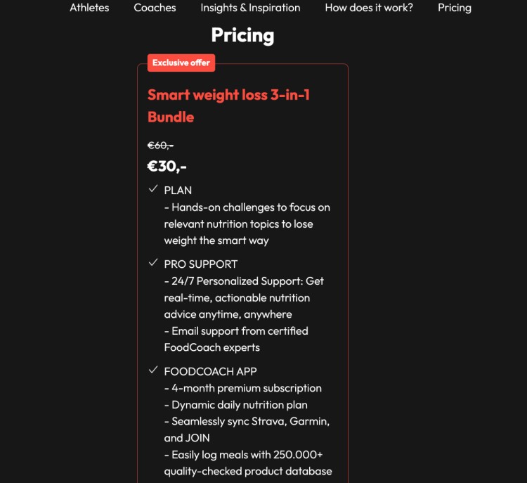 A pricing page showing a smart 3-in-1 bundle that weight loss coaches offer, including a nutrition plan, 24/7 expert support, and access to the FoodCoach app.