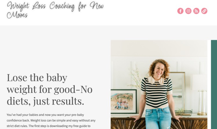 A weight loss coach for new moms offering support to help you become more confident and lose baby weight without diets, featuring a smiling coach in a casual setting.