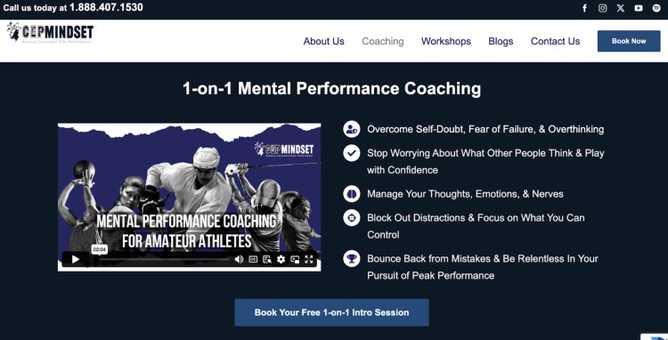 Screenshot of a website offering 1-on-1 mental performance coaching to help athletes overcome self-doubt, manage nerves, and improve focus.