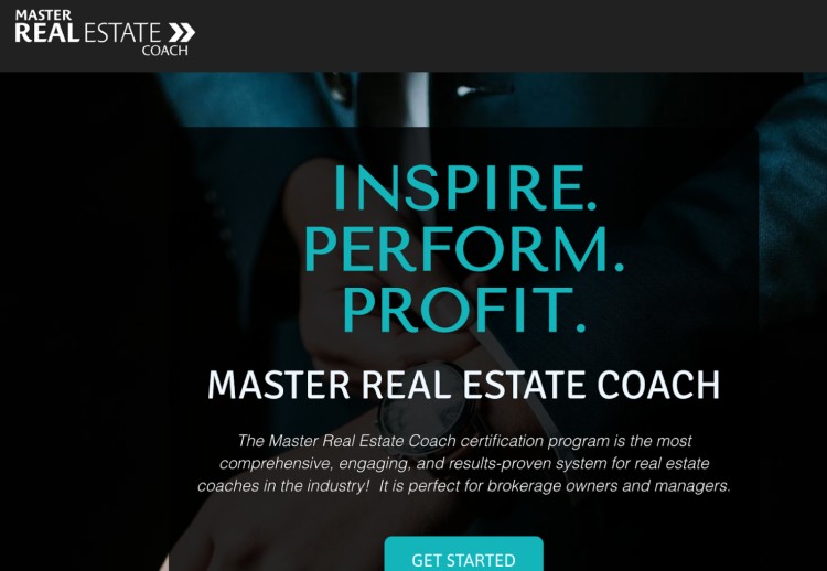 Website banner for the Master Real Estate Coach certification program promoting a proven system to become a successful real estate coach.