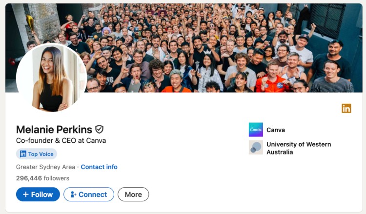 Melanie Perkins, one of the most successful female entrepreneurs and CEO of Canva, pictured on her LinkedIn profile