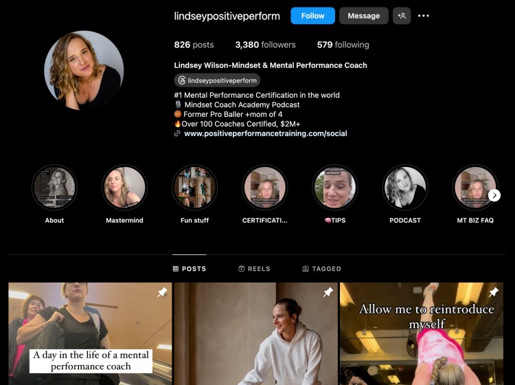 Instagram profile of mindset and mental performance coach Lindsey Wilson showing social proof, niche positioning, and coaching trend elements in her bio and content.