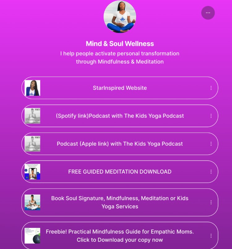 Mindfulness coach appears across multiple platforms offering meditation guides, podcasts, and coaching services.