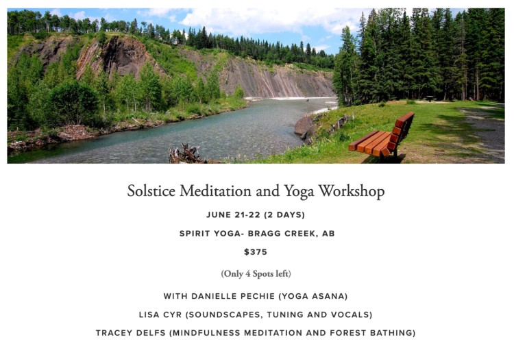 Solstice meditation and yoga workshop promotional flyer featuring mindfulness training at Bragg Creek, Alberta.