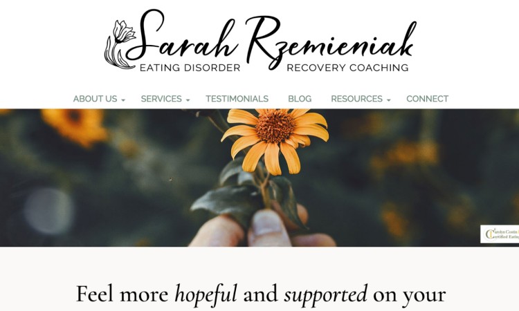 Website header for Sarah Rzemieniak, an eating disorder recovery coach offering compassionate recovery support.