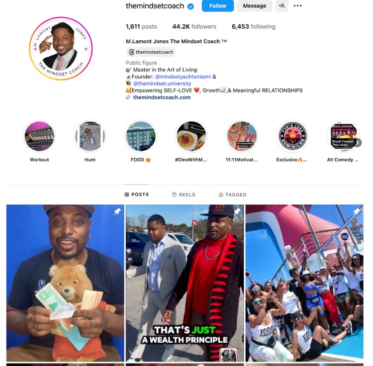 nstagram profile of a mindset coach showcasing marketing content and coaching lifestyle.