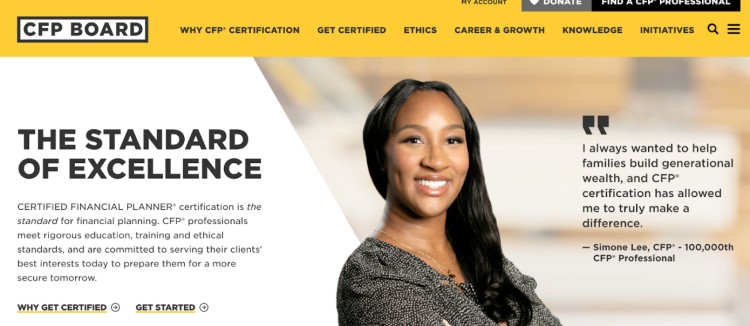 CFP Board homepage promoting certification as a path to build a successful consulting career in financial planning.
