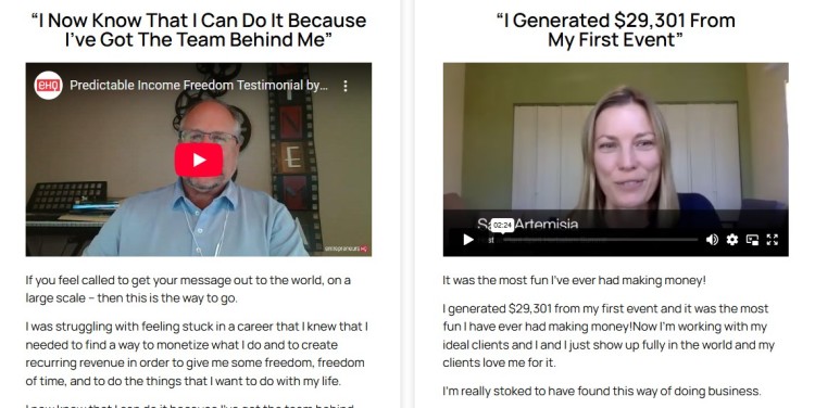 Two video testimonials showing how coaches create results and income growth through the Predictable Income Freedom program.