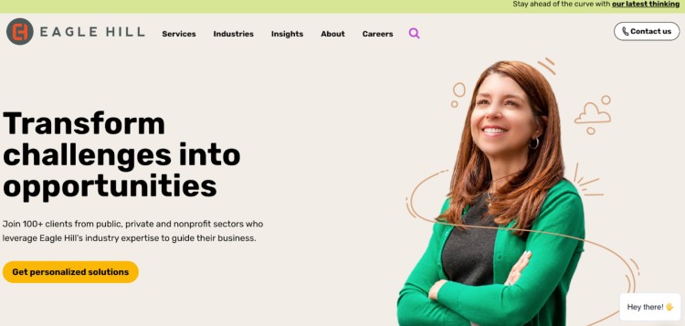 Homepage banner of Eagle Hill consulting firm showcasing how their consultants help clients turn challenges into opportunities across public, private, and nonprofit sectors.