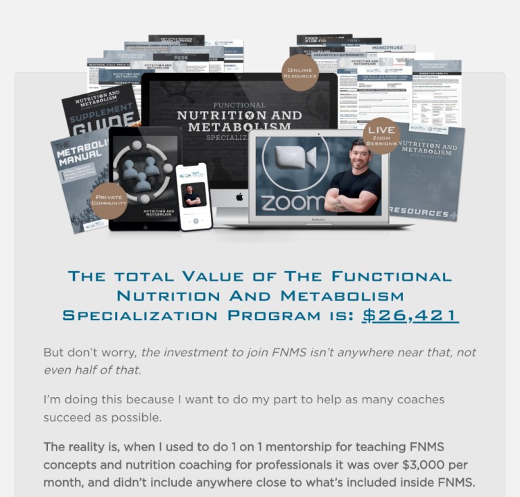 Image showing the total value of a $26,421 Functional Nutrition and Metabolism Specialization in-depth coaching program, with visuals of resources, Zoom sessions, manuals, and community access.