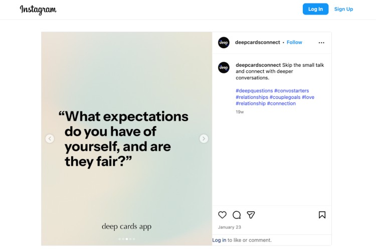 Instagram post asking “What expectations do you have of yourself, and are they fair?” to help followers gain clarity through self-reflection.