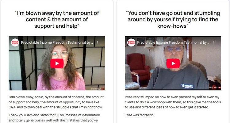 Two client video testimonials sharing inspiring coaching quotes about support, clarity, and the impact of the Predictable Income Freedom program.