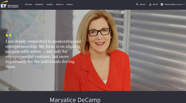 Maryalice DeCamp featured as a top consultant in EY's leadership profile, committed to mentorship and entrepreneurship.