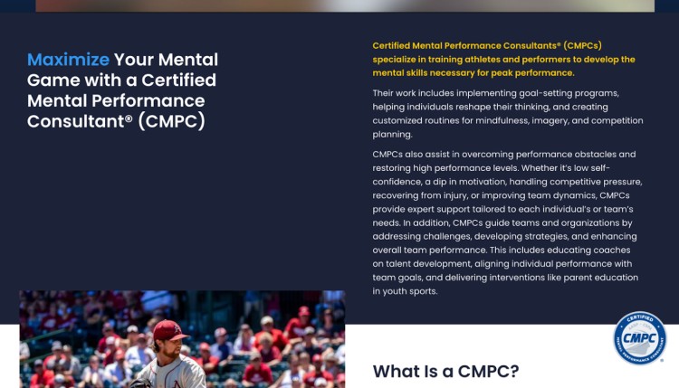 Promotional graphic for Certified Mental Performance Consultants (CMPCs), highlighting how CMPCs help athletes and performers develop mental skills for peak performance.
